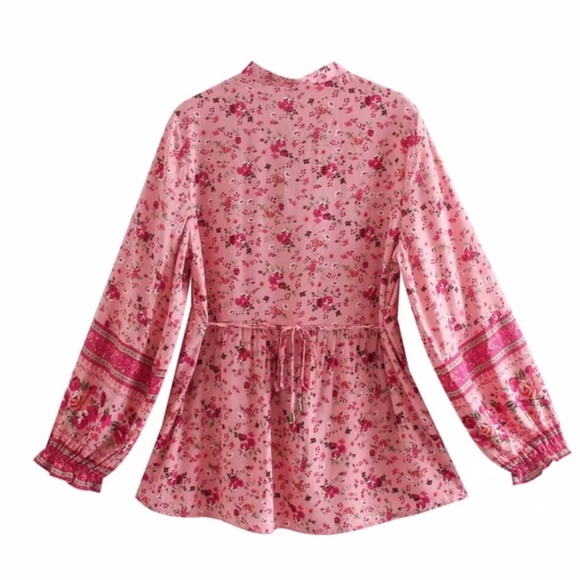 Pink Floral Gypsy Bohemian Button Long Sleeve Top - Picture 11 of 11